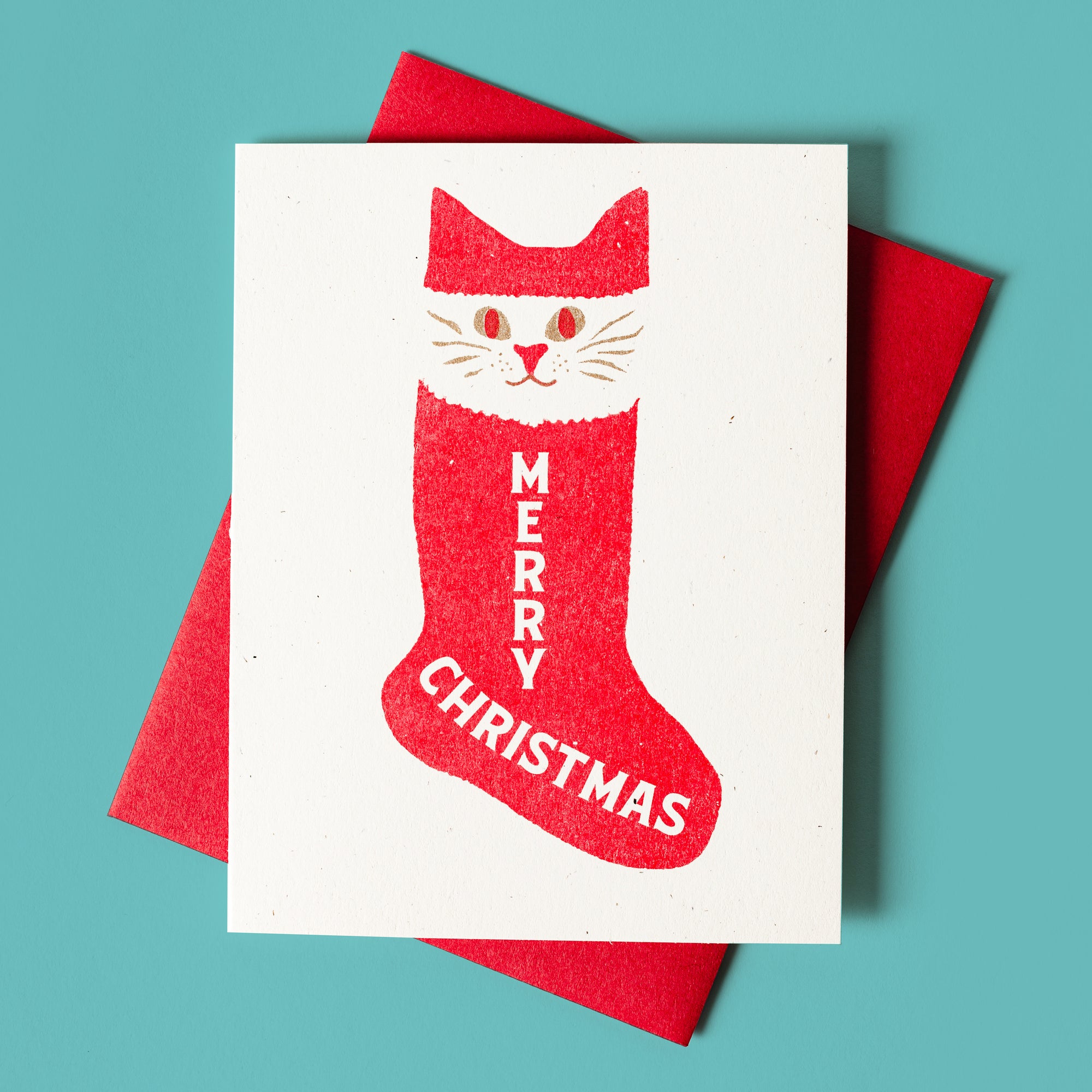 Merry Christmas Stocking Cat - Risograph Card