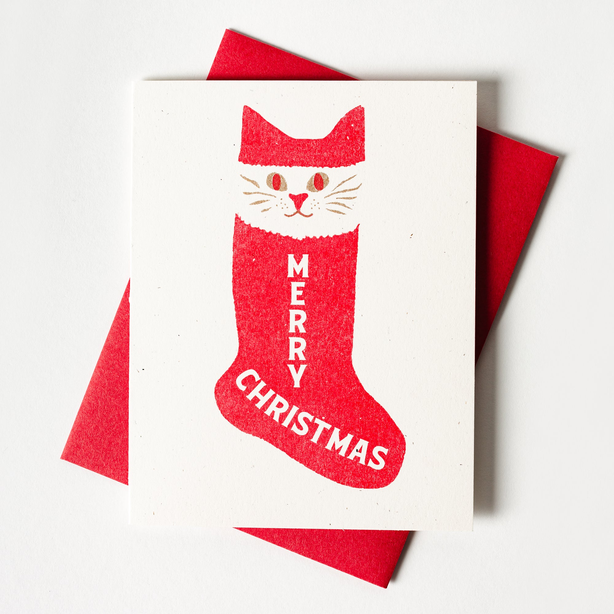Merry Christmas Stocking Cat - Risograph Card
