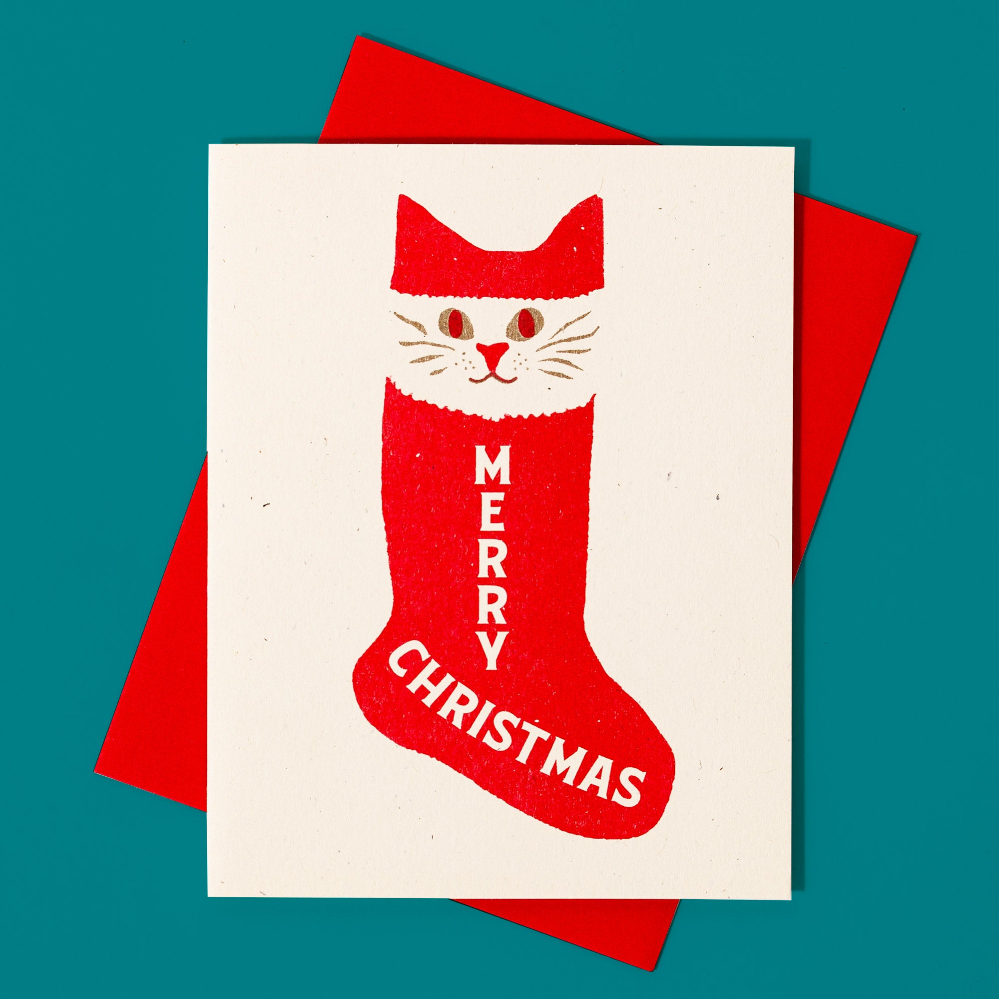 Merry Christmas Stocking Cat - Risograph Card