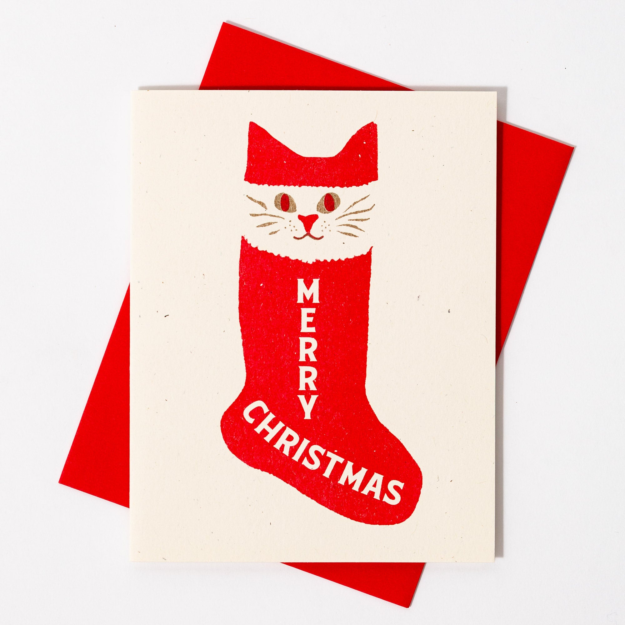 Merry Christmas Stocking Cat - Risograph Card