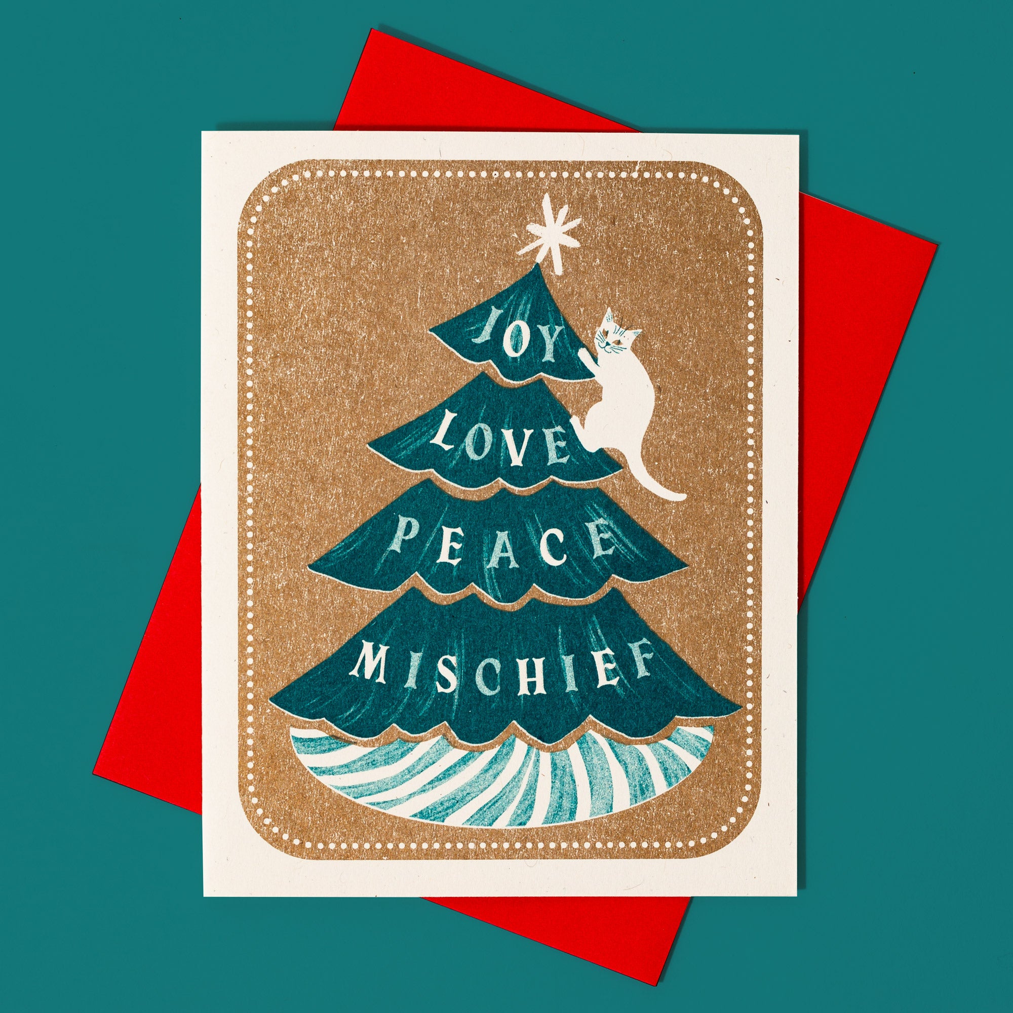 Joy Love Peace Mischief Cat - Risograph Christmas Card