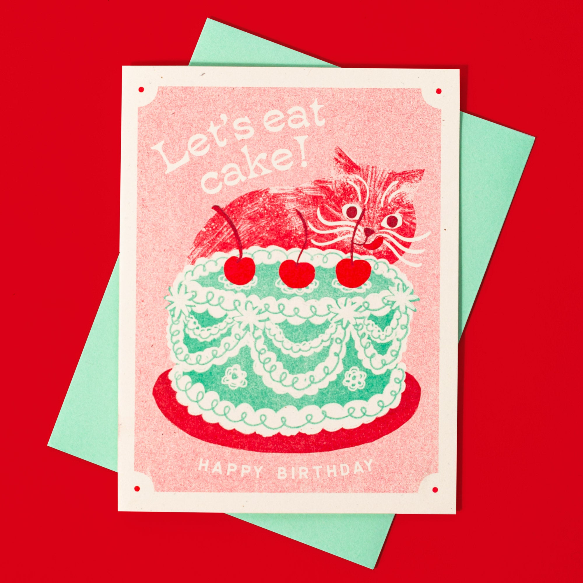 Let's Eat Cake Cat - Risograph Birthday Card