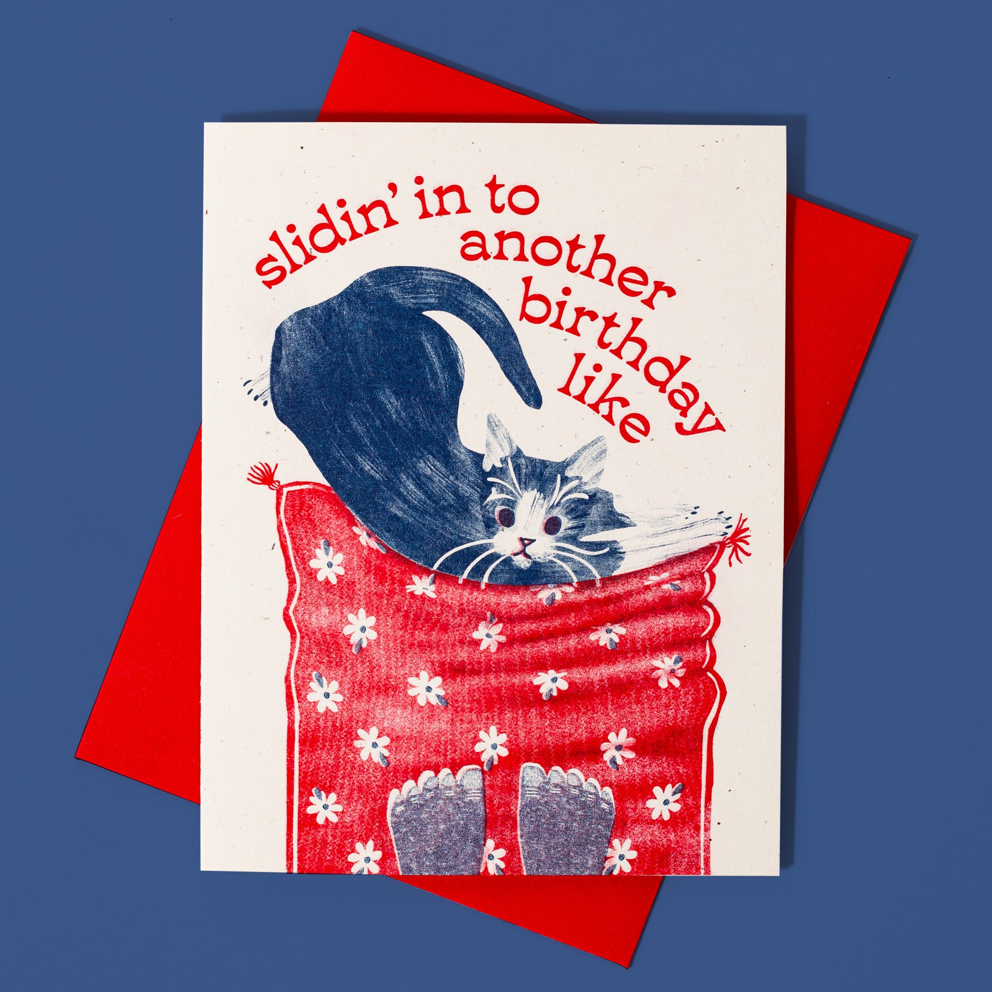 Slidin' In To Another Birthday Cat - Risograph Card