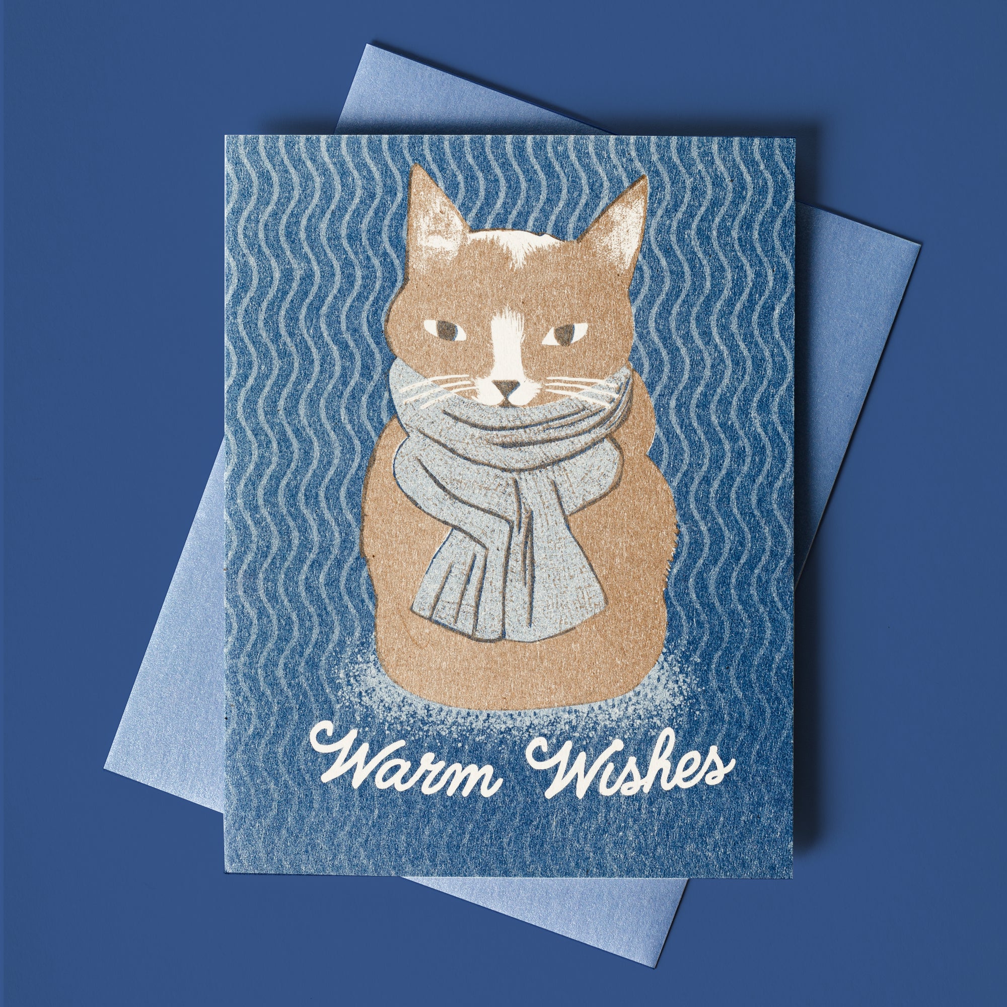 Warm Wishes Scarf Cat - Risograph Card