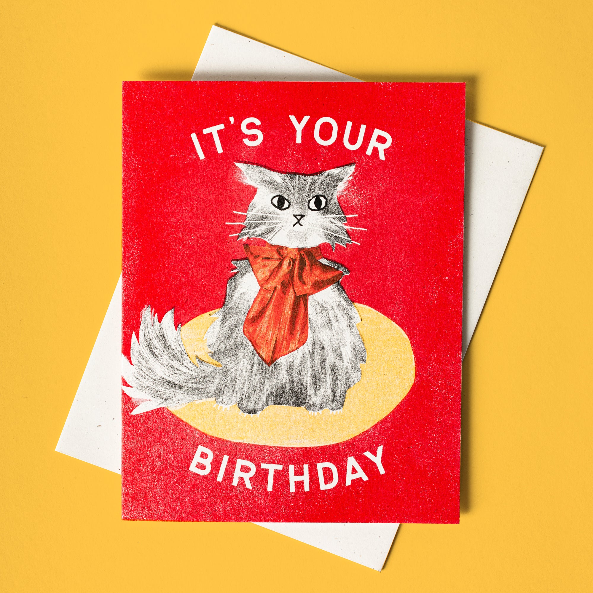 It's Your Birthday Bow Cat - Risograph Card