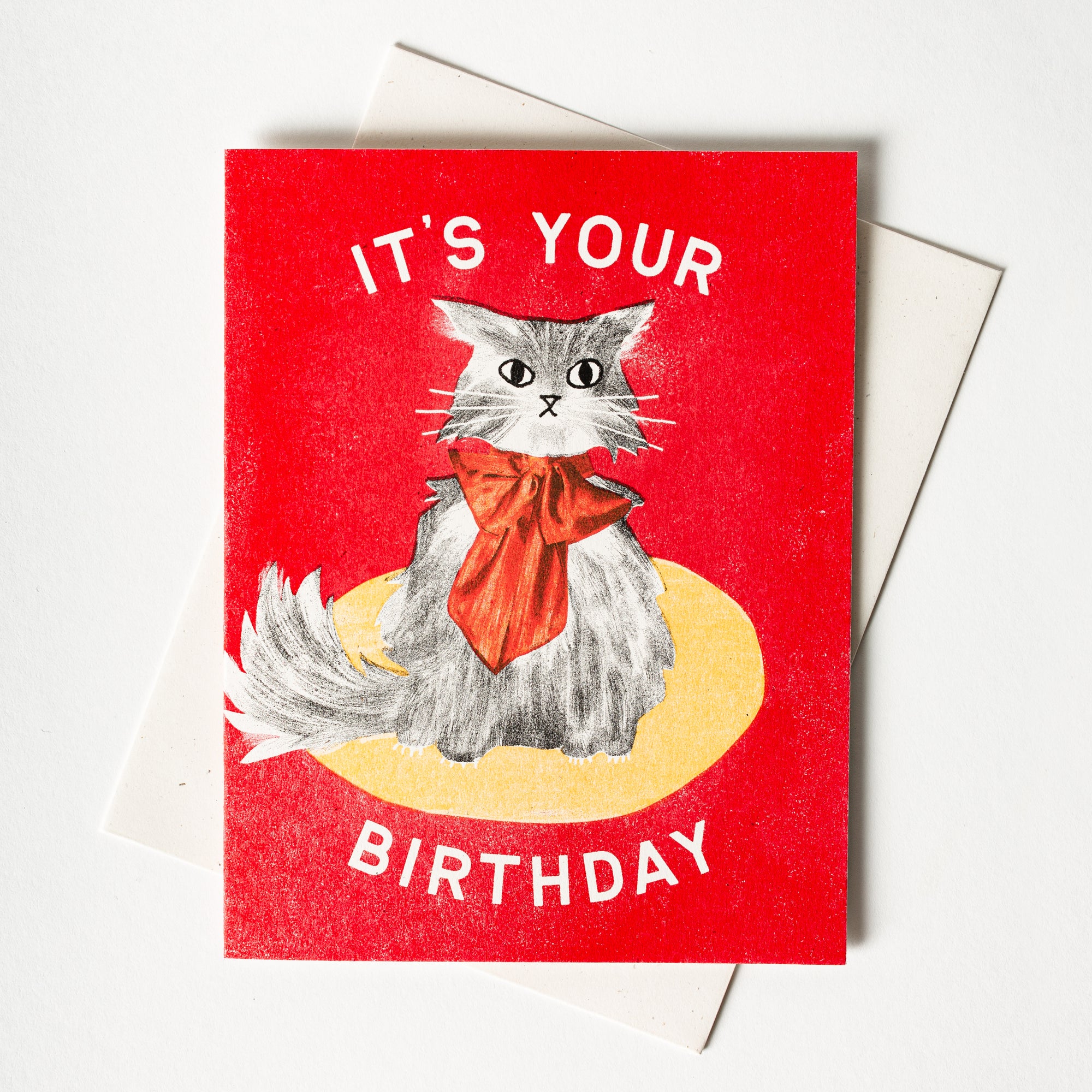 It's Your Birthday Bow Cat - Risograph Card