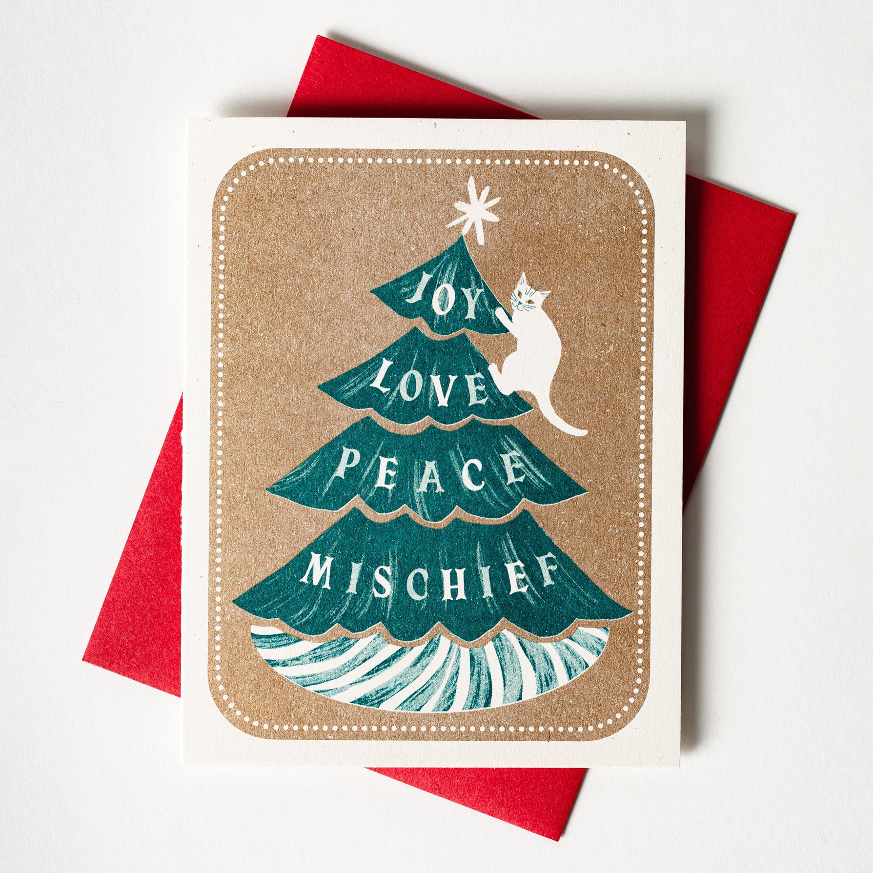 Joy Love Peace Mischief Cat - Risograph Christmas Card