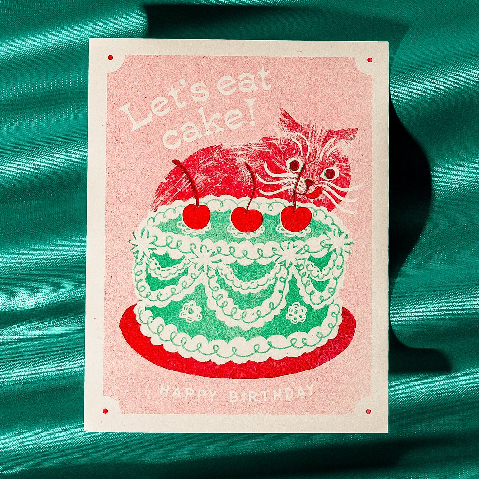 Let's Eat Cake Cat - Risograph Birthday Card