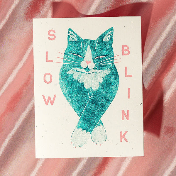 Tara Books “SLOW CAT” スクリーンプリントハンドメイドカード Slow Blink Cat - Risograph Greeting Card – Bromstad Printing Co.