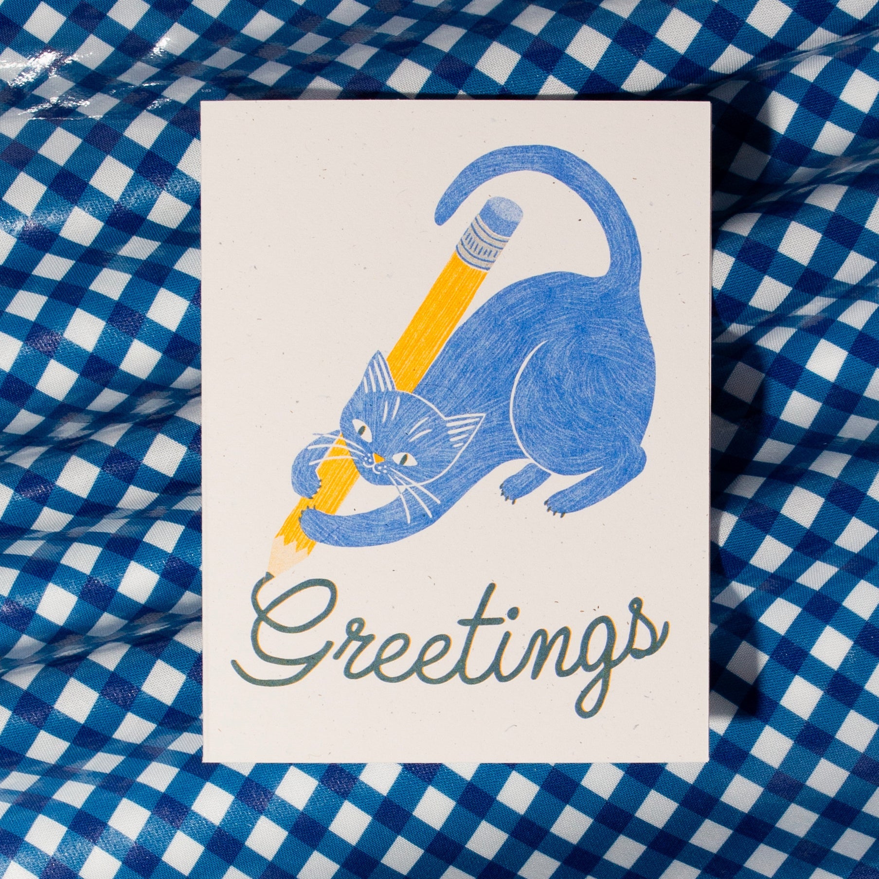 Greetings Pencil Cat - Risograph Card