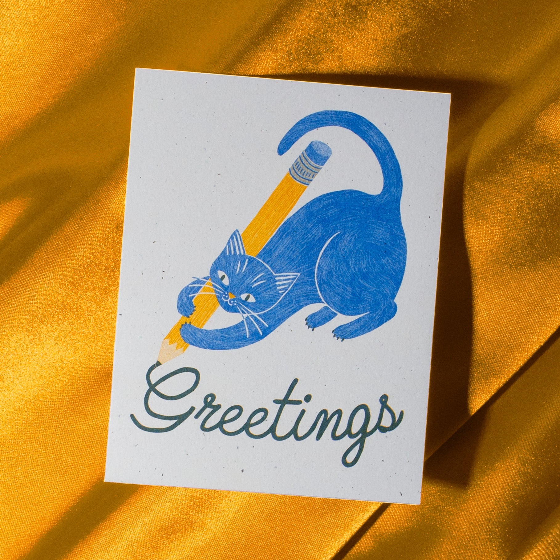 Greetings Pencil Cat - Risograph Card