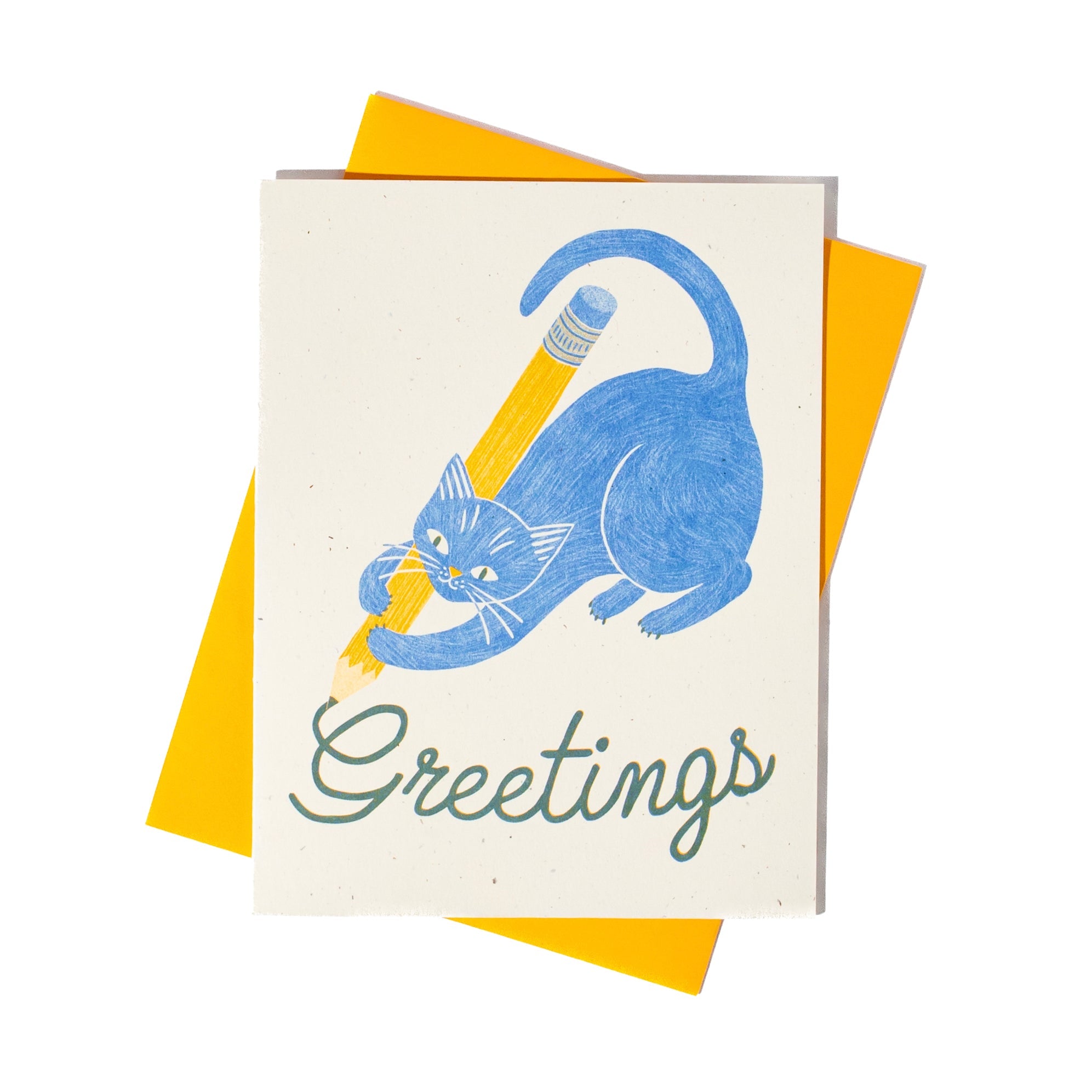 Greetings Pencil Cat - Risograph Card