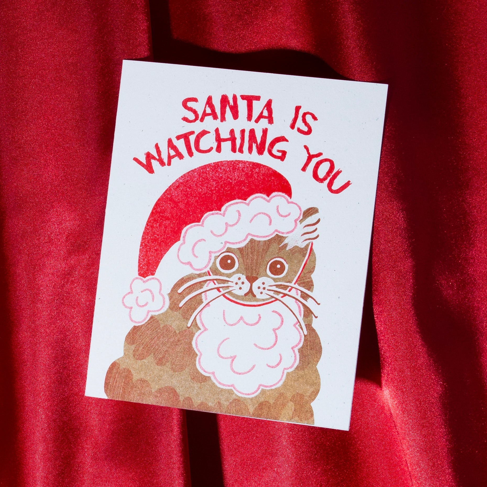Santa is Watching You Cat - Risograph Card