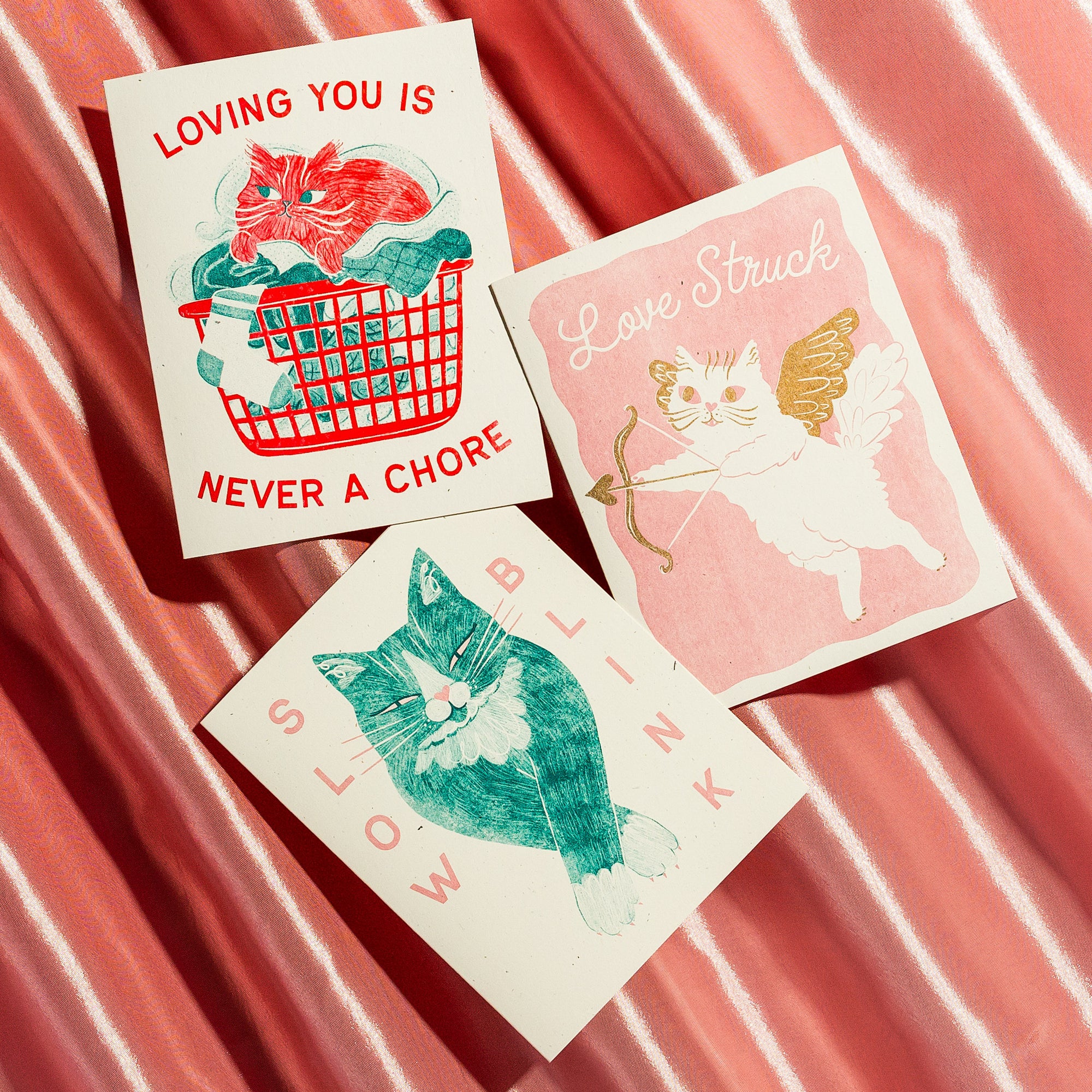 Slow Blink Cat - Risograph Greeting Card